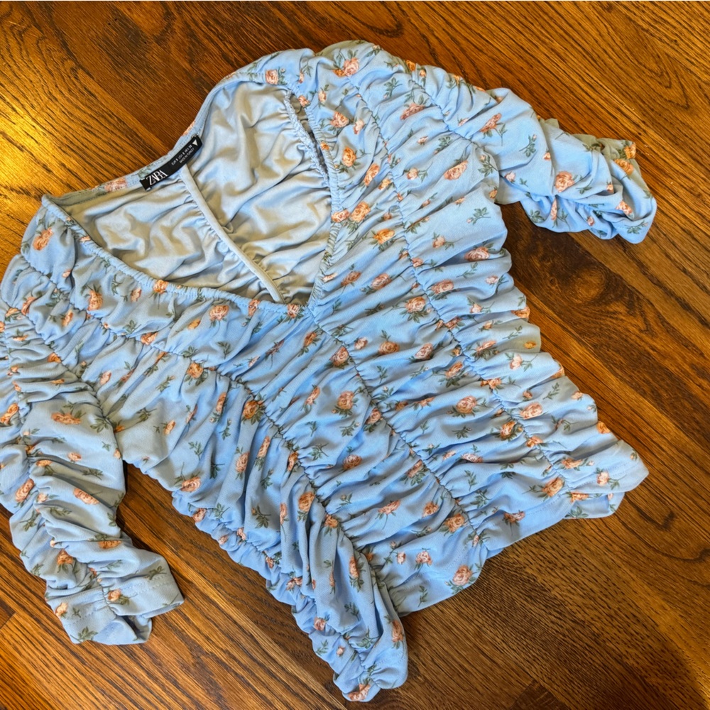 Zara Blue Floral Ruched Blouse